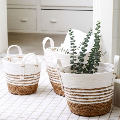 White Stripe Woven Storage Baskets, Set of 3