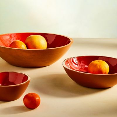 Color Drop Wood + Enamel Serving Bowl, Orange