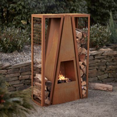 Weathering Steel Outdoor Fireplace with Log Holders