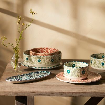 Flower + Vine Ceramic Serving Bowl, Green