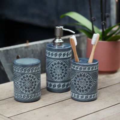 Floral Etched Soapstone Toothbrush Holder