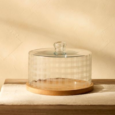 Line Etched Serving Cloche with Wood Base