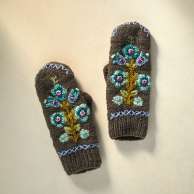 Floral Embroidered Wool Mittens