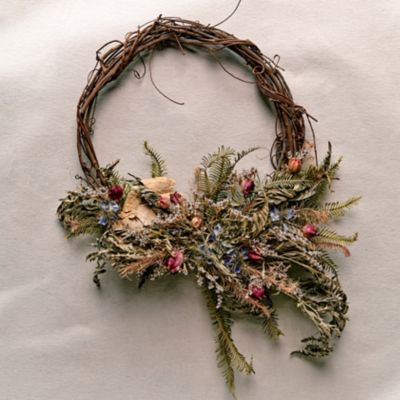 Right Side Hand Asymmetrical Fern, Pine + Mushroom Wreath