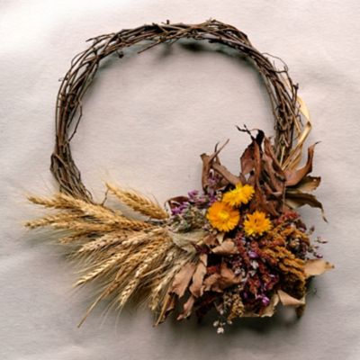 Right Side Hand Asymmetrical Wheat + Strawflower Wreath