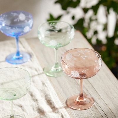 Vintage Floral Etched Clear Glass Cocktail, After Dinner Glasses- Set of 6