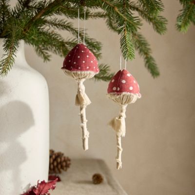 Long Stem Mushroom Fabric Ornaments, Set of 2