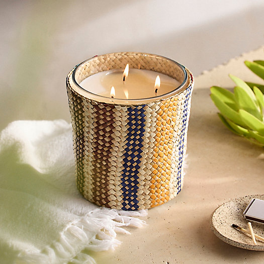 View larger image of Colorful Stripe Rattan Candle, Tropical Bergamot