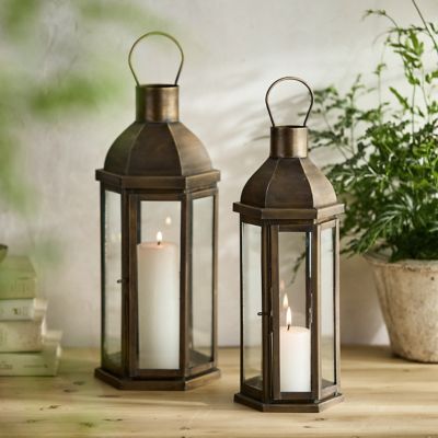 28H Antique Bronze Metal Indoor/Outdoor Lantern with Glass Panes and Timer  