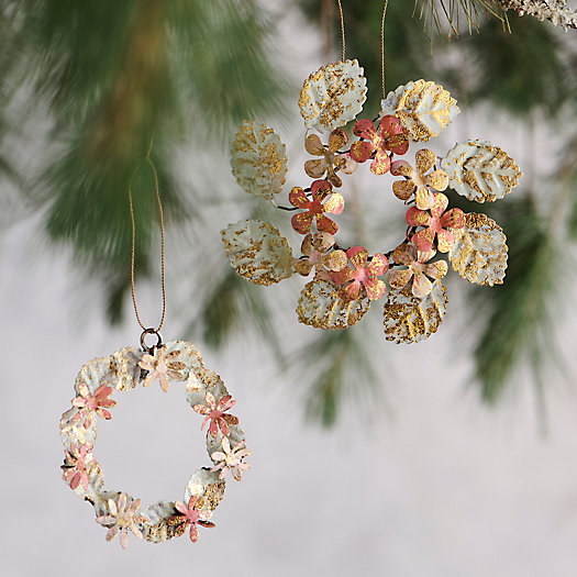 View larger image of  Flower + Leaf Galvanized Wreath Ornaments, Set of 2