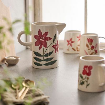 Floral Hand-Painted Stoneware Pitcher