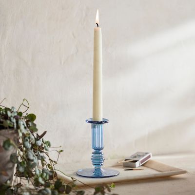 Blue Ridged Glass Taper Candle Holder