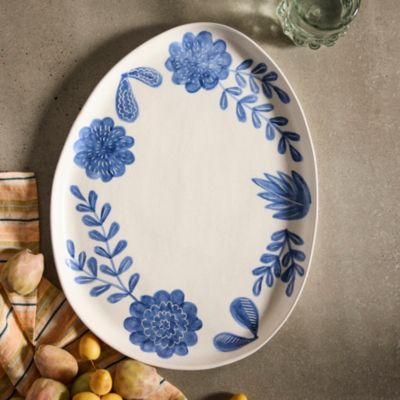 Blue Floral Serving Platter, Vintage Botanical Dishes, Decorative