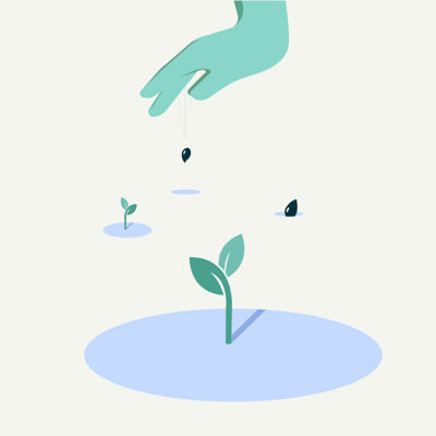 Illustration of a hand planting two seeds and two sprouts