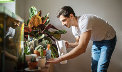 A young man holding a pitcher of water and tending to several potted plants.