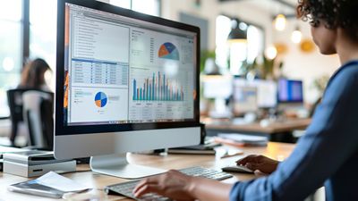 Human resources management software on computer screen helping human resources employee to manage recruitment, payroll, staff searching and KPI evaluation snugly