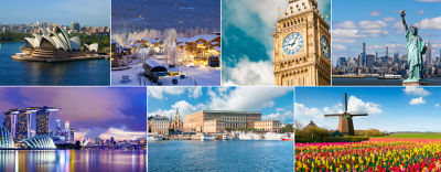 A collage of pictures of notable landmarks around the world