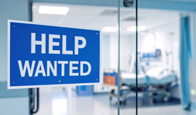 A help wanted sign is posted on the doors to an emergency room.