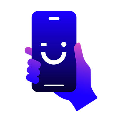 Hand holding phone displaying smile emoji