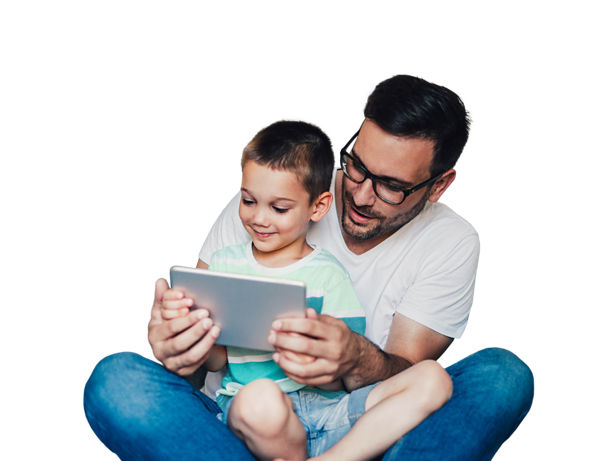 Father and son playing on tablet
