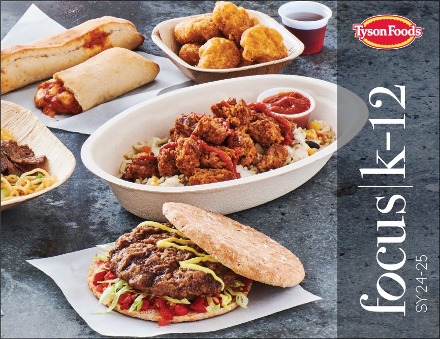 Focus K-12 Magazine with pizza sticks, nuggets, beef rice bowl and flat bread burger