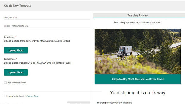 Parcel Pro Notify Template Screen