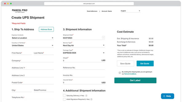 Parcel Pro platform create a shipment screen
