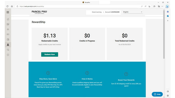 Parcel Pro RewardShip and credits screen