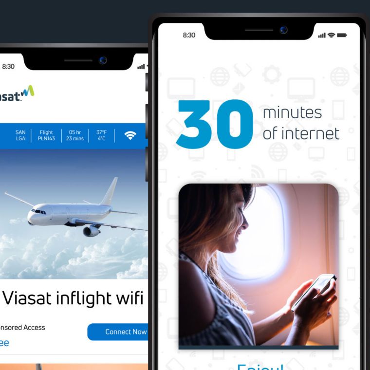 Three phones showing different views of the Viasat Advertising platform.