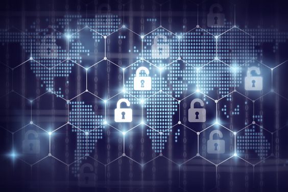 Design of locks with keyholes inside a honeycomb design layered on top of a map made of dots locks with keyholes inside a honeycomb design