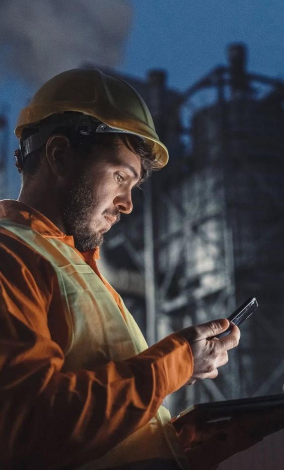 An oil rig worker checks a phone while using a laptop computer as evening falls, in a remote location.