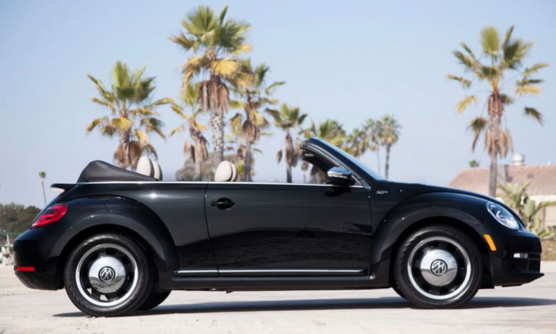 A black Volkswagen Beetle convertible parked by palm trees with the top down.