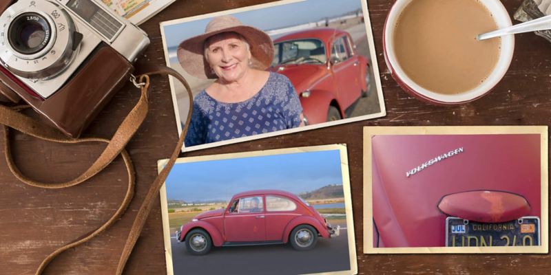 Vintage photos of Kathleen Brooks and her 1967 Volkswagen Beetle set on a table with a vintage camera and cup of coffee. 