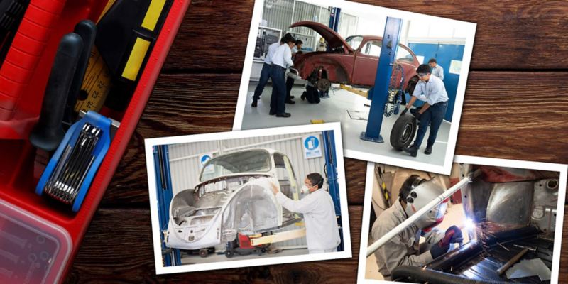 Photos of the Volkswagen de Mexico team in Puebla hard at work on the restoration of Kathleen Brooks’ 1967 Beetle, set next to a toolbox.