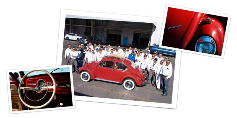 Photos of the final results and the Volkswagen de Mexico team in Puebla that completed the restoration of Kathleen Brooks’ 1967 Beetle. 