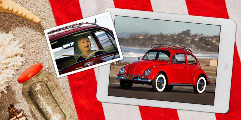 Photos of Kathleen Brooks behind the wheel of her restored 1967 Beetle and of the final restored car at the beach, set on a beach towel and sand.