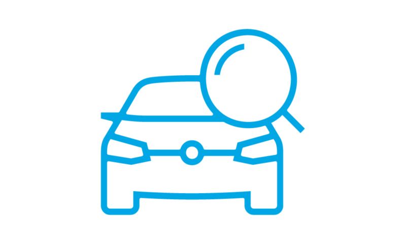 Car icon with magnifying glass icon in front of it.