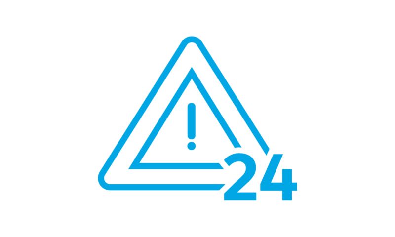 Triangle shaped alert icon with exclamation point inside and number 24 on the bottom right.