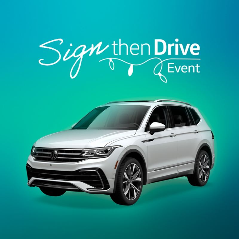 A three-quarter shot of a Tiguan shown in Opal White on a vibrant, teal gradient background.