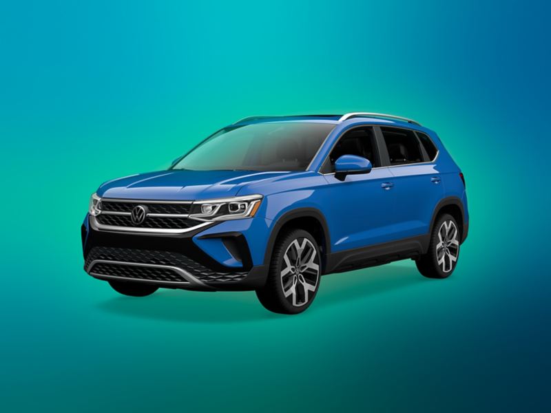 A three-quarter shot of a Taos in Cornflower Blue on a vibrant, teal gradient background. The Winter Sales Event logo is centered above the vehicle and reads “Sign then Drive Event.”