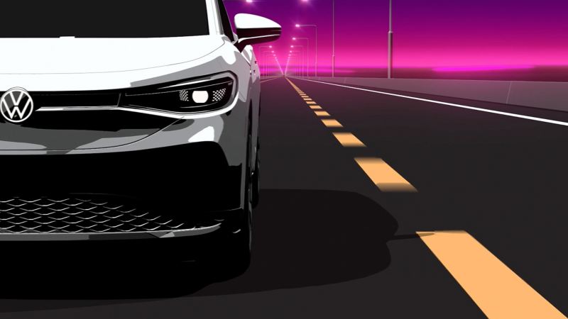 Graphic depicts a Volkswagen vehicle nearing a lane marking on the road.
