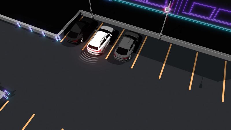 Graphic depicts a Volkswagen vehicle sensing a vehicle passing behind as they reverse with Rear Traffic Alert.
