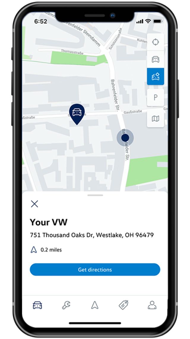 Smartphone screen displaying the map location of a VW dealership, shown within the myVW app.