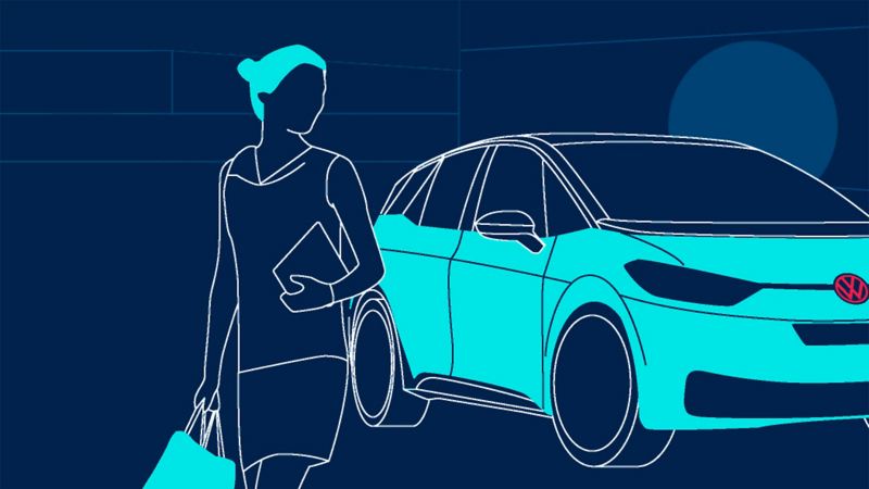 Graphic depicting the 2021 Volkswagen ID.4 with the silhouette of a woman walking by. 