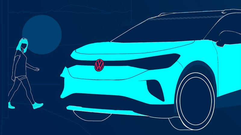 Graphic depicting the front of the 2021 Volkswagen ID.4 with the silhouette of a woman walking by. 