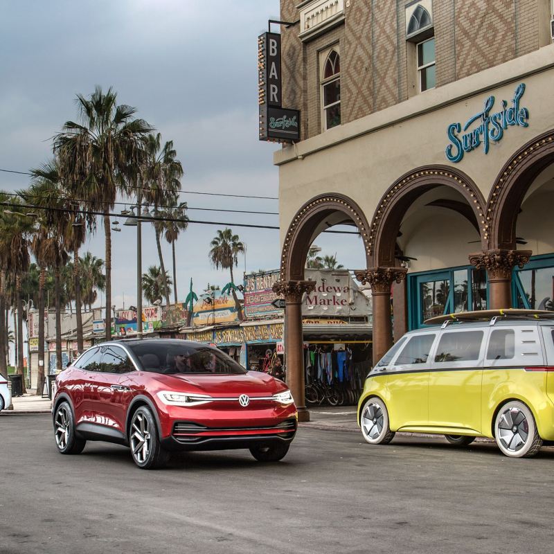 The all-electric concept family from Volkswagen: I.D., I.D. CROZZ, and I.D. BUZZ shown in Venice Beach.