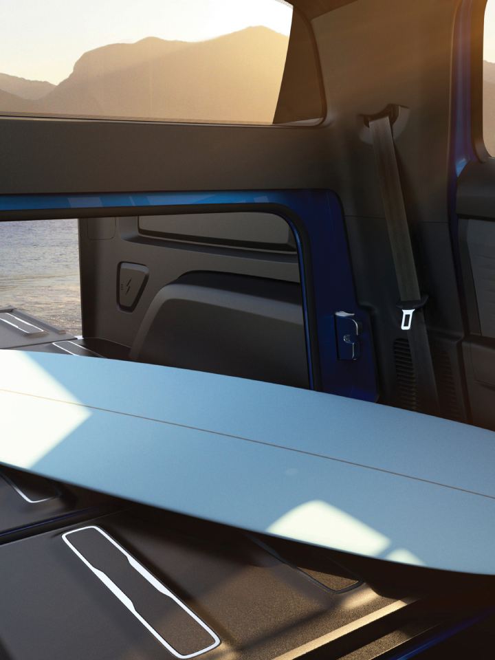 Rendering of Volkswagen Tarok concept truck bed, as seen from the inside with tailgate down to accommodate a surfboard. 
