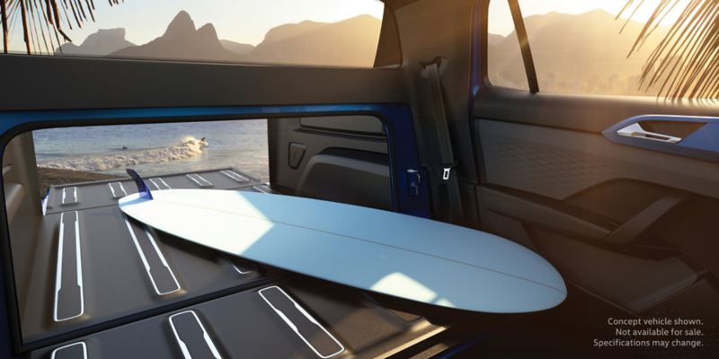 Rendering of Volkswagen Tarok concept truck bed, as seen from the inside with tailgate down to accommodate a surfboard. 