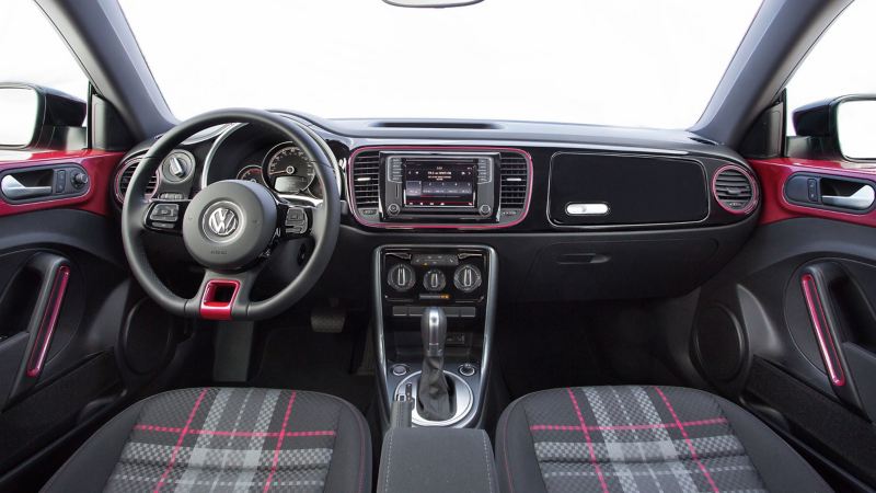 Plaid and pink interior of the 2017 Volkswagen Pink Beetle