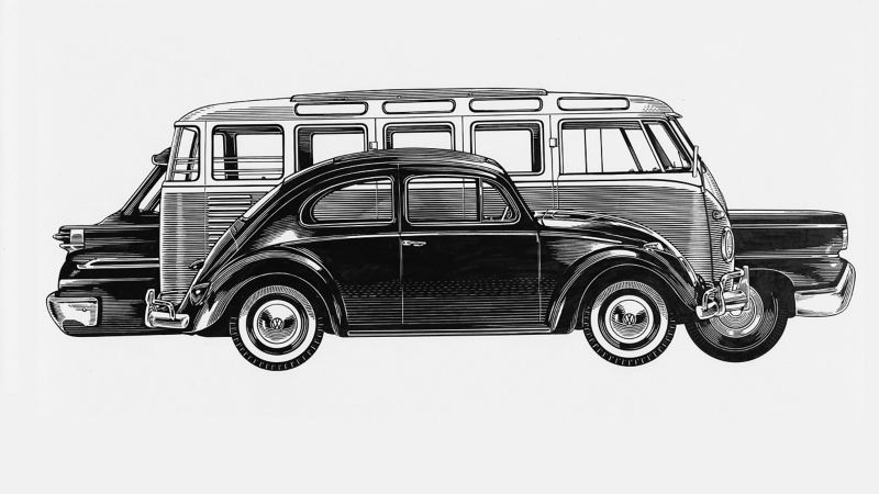 Drawing depicts a Volkswagen Beetle in front of a Volkswagen Bus in front of another car of the time. 